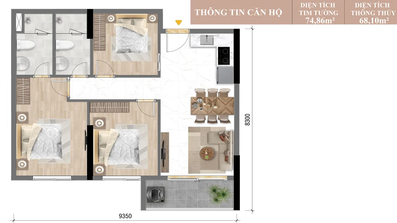 Thiết Kế Căn 3PN 2WC